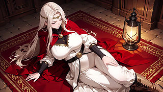 Languid Reading in a Gothic Library, White Robe and Red Cape, Hand Resting Gracefully with Half-closed Eyes.