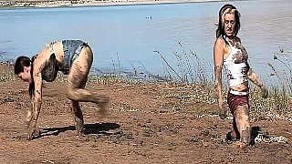 Cute brunette teen masturbates outdoors