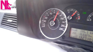 Sexy Speedy Driving in Patent Black Pumps and Seamed Black Pantyhose