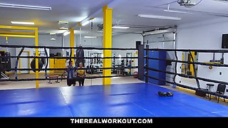 Large titty cougar sucks off a muscle stud in the sport