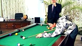 Brunette in Red Dress Fucked on Desk and Pool Table