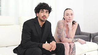 Female agent licks and fingers brunette in her office