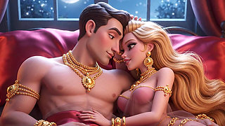 Erotic Fantasy Romance - Golden Jewelry Couple Deep Kissing & Bed Play