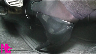 Revving and Driving in Black Pantyhose and Grey High Heels