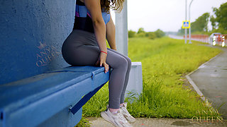 144 Goddess Anya in Tight Spandex: Provocative Leggings Tease at Bus Stop