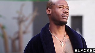 He notices her accepting cunnilingus from her lesbian friend and rushes to fuck her hard