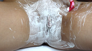 Extreme Closeup of Hairy Tight Pussy Shaving