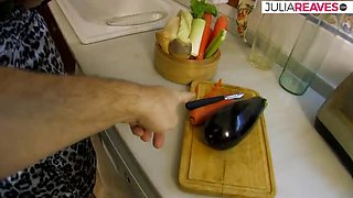 Horny tattooed MILF stuffs her wet pussy with a cucumber and carrot before bouncing on a giant cock