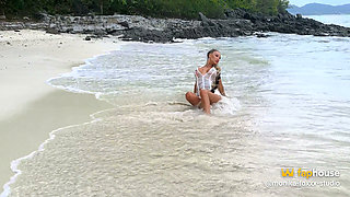Monika Fox in Slutty White Dress on Beach