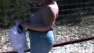 Busty curly brunette with big boobs fucks on couch