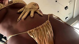 Busty curly brunette with big boobs fucks on couch