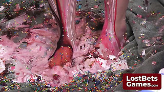 Amateur Lesbian Strip Game with Big Natural Tits - Girls Take Turns with a Knob for a Messy Facial