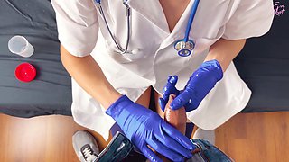 POV CFNM handjob: nurse in surgical gloves milks patient for sperm sample