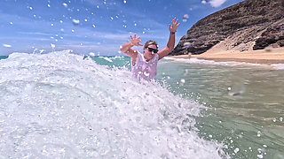 Girl Wetting Jeans in the Ocean and Swimming in Wet White T-shirt