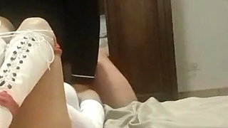 Blowjob Bound on a Bed, Wearing Platform Boots and Pantyhose, You Can See My Beautiful Ass and Legs