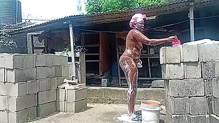 Sexy Black BBW Village Girl Outdoor Shower Twerking Saggy Tits