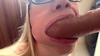 Blonde Big Tits MILF in Glasses Sensual Blowjob and Deepthroat and Cum on Face