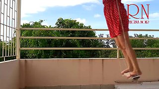 Beutiful lady swinging without panties on a swing outdoors. Slow motion 127 1