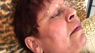Hairy Granny in Glasses and White Stockings Fucks