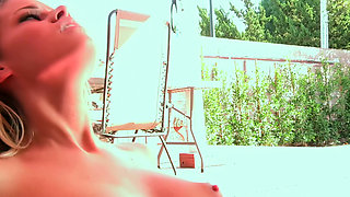 Poolside Pussy Licking - Tattooed Black-haired Beauty Eats a Blonde in a Bikini