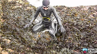 Rubbery Beach Encounter: Lucy's Neoprene Pussy Play with Stranger