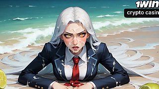 A sexy, hard-core beach honey is having an climax with