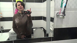 Pissing on the toilet long and a lot after long desperation and a lot of liquids