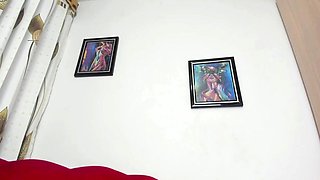 Busty curly brunette with big boobs fucks on couch