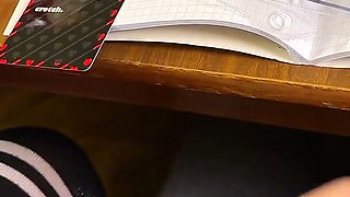 High Schoolgirl Stroking Him off in Math Class Under the Table. at College