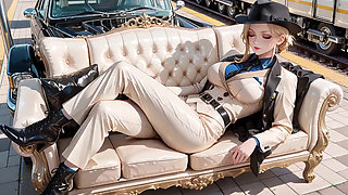 Leaning Against the Vintage Train Door, She Runs Her Hand Down Sheer Stockings While Gazing with a Cold yet Misty Look