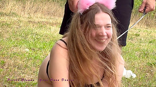 Girl Is Taken Out on a Leash by Master and Fuck Dildo in Pyssy with Anal Plug