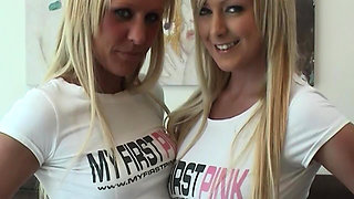 Two Blondes Share Pink Dildo Passionately