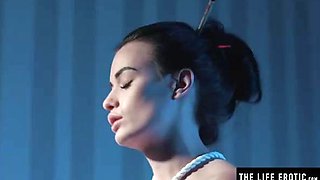 Slender dark haired with petite bra-stuffers is into light restrain bondage and getting off, every once in a while