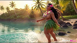 Exotic hula beauty on all fours, tribal men watching her curves (AI Generated)