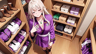 Purple Kimono Warrior! Forbidden Teasing in the Japanese Dojo. Kneeling with a sword, lifting her hem to reveal secrets.