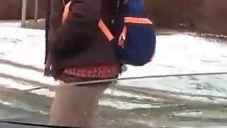 Teen Girl in Plaid Skirt Gets a Ride to School From a Stranger on a Snowy Day