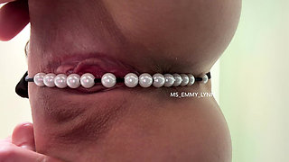 Pearl Thong in Shaved Pussy Close up