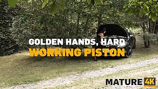 Texas Patti seduces her husband with wild outdoor sex & rides his car mechanic's big black cock