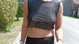 walking down the street in a see-through blouse public flashing of tits and pussy
