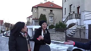 Brunette Twins Blowjob Threesome With Old Man In Public - POV Fucking & Doggy Style