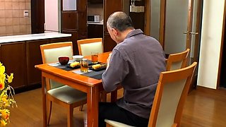 Young blonde gives blowjob and titjob to old guy