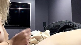 Blonde teen gives handjob and blowjob