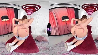 Naughty Amalia in VR, rubbing her smooth pussy and big naturals