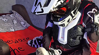 An Excited Guy in Motorcycle Gear Fucks His Sneakers