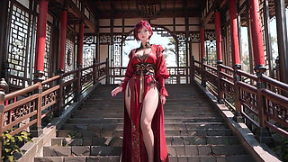 Red-haired Goddess in Oriental Seduction! the Ultimate Contrast Between the Chinese Pavilion and the Pristine White Bathroom.