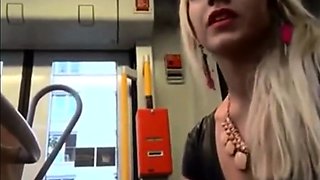 Nervous Boyfriend Receives a Bus Blowjob from His Blonde Gir
