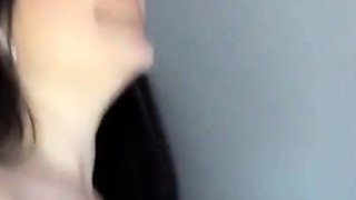 Busty curly brunette with big boobs fucks on couch