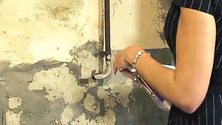 Cheeky meter maid tormented in warehouse