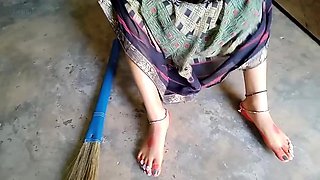 Home alone and horny wife masturbating with a broomstick