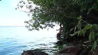 Skinny Russian MILF Natella Dance Poses Naked by the River Before Harpoon Fishing